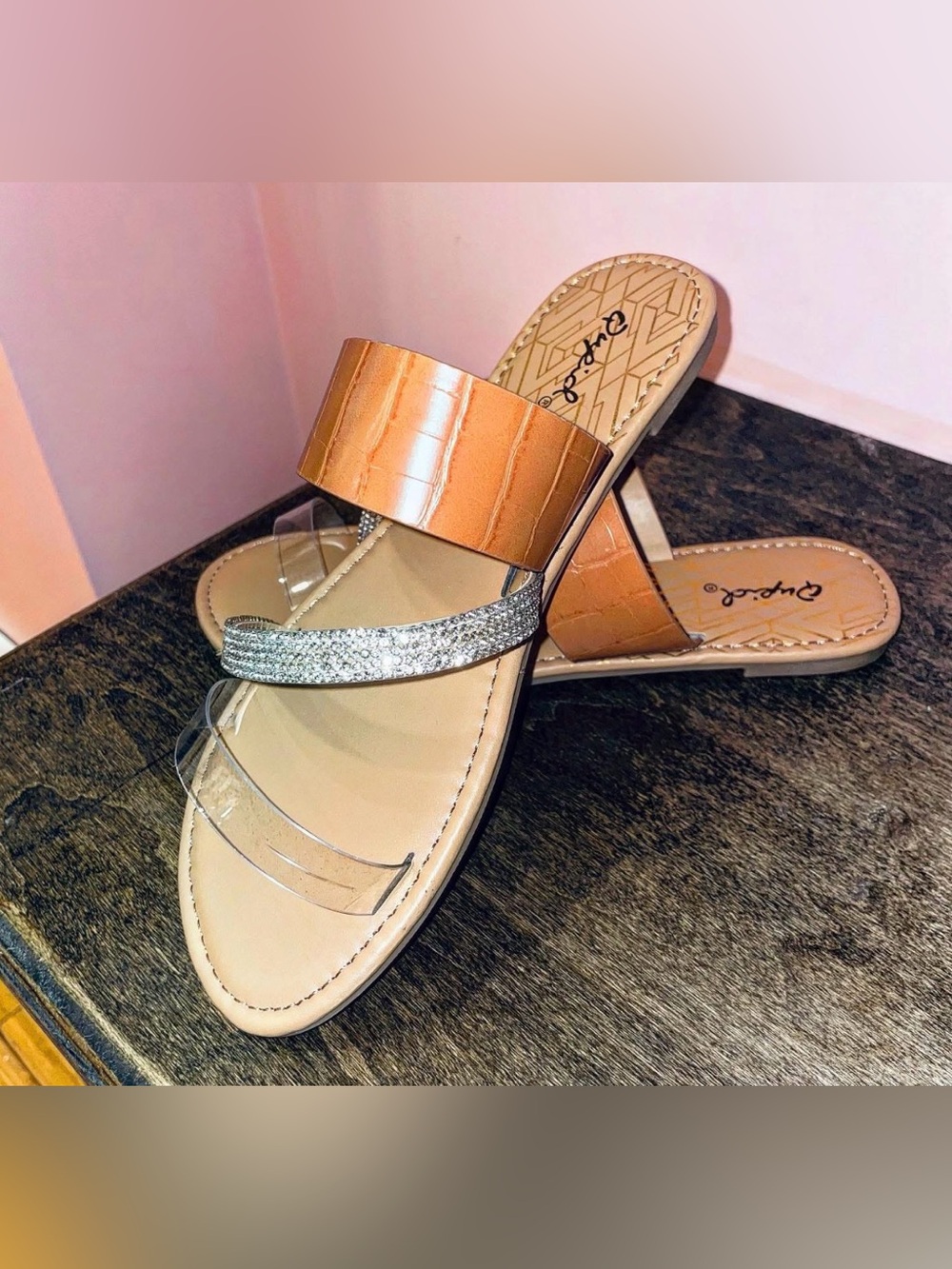 Qupid Tan Slide Sandal with Clear and Rhinestone Straps
